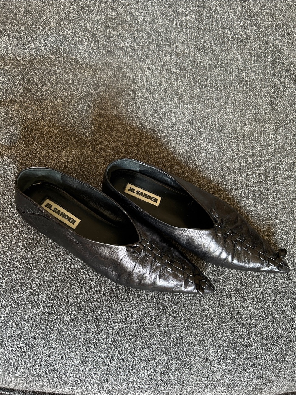 Jil Sander Black Pointed Woven Leather Flats